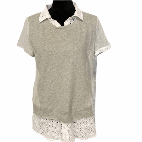 Hem & Thread Tops - HEM & Thread top grey white eyelet faux blouse pullover